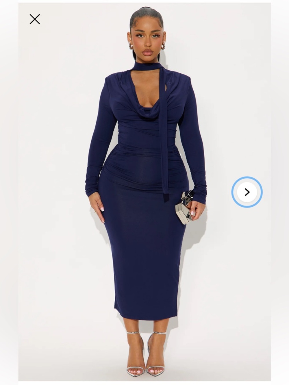 Fashion Nova Navy Long Sleeve Midi Dress with Scarf Neck
